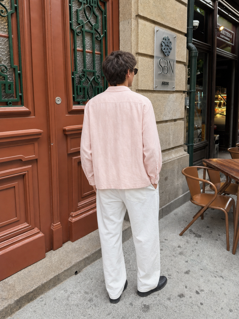 Tailored Open Collar Linen Shirt – Blush