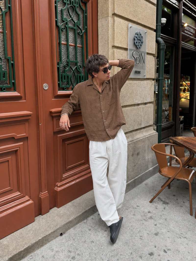 Tailored Open Collar Linen Shirt – Chestnut