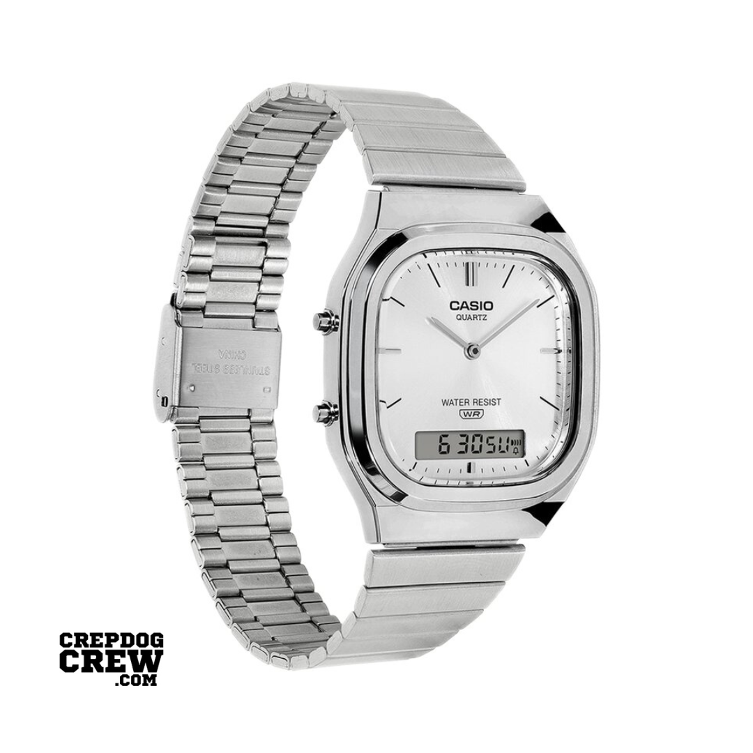 Casio Vintage AQ-240E-7A Silver Dial Analog Digital Stainless Steel Watch with Dual Time D420