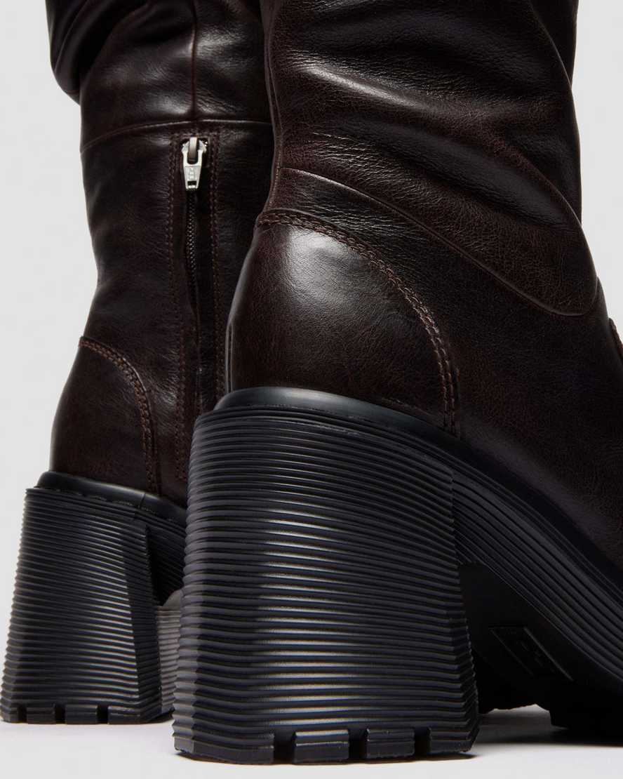 Kasey Kinsley Leather Knee High Heeled Boots — DARK BROWN