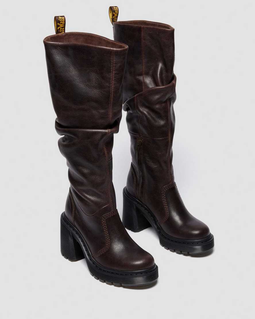Kasey Kinsley Leather Knee High Heeled Boots — DARK BROWN