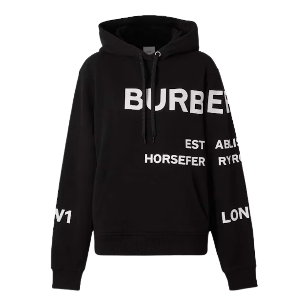 Burberry Horseferry Print Oversized Cotton Drawstring Hoodie Black