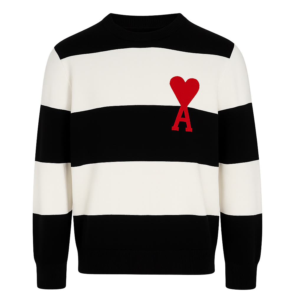 Ami Paris Ami De Coeur Sweater With Rugby Stripes Naut Black/Nat White