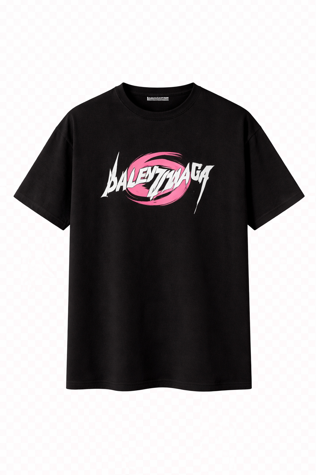Balenciaga Black T-Shirt with an oversized fit and a pink and white logo