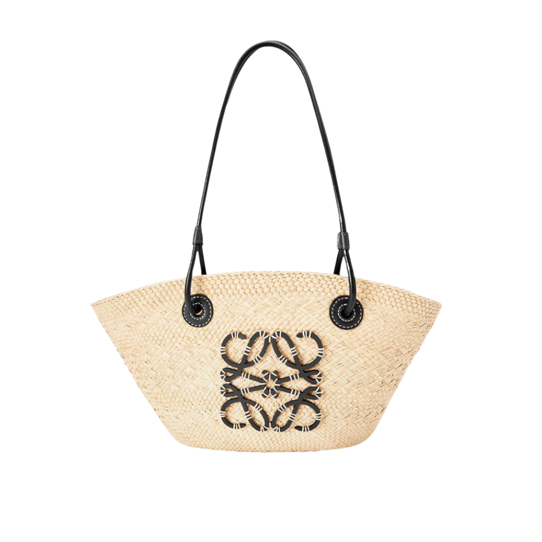 Loewe Small Anagram Basket Bag In Iraca Palm And Calfskin Natural Black