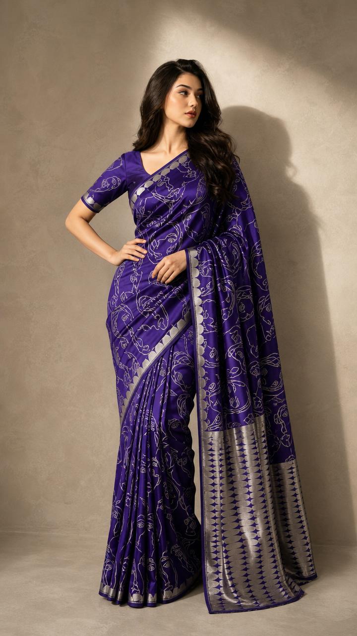 Noor Aaina Banarasi Satin Silk Saree With Abstract Silver Weave