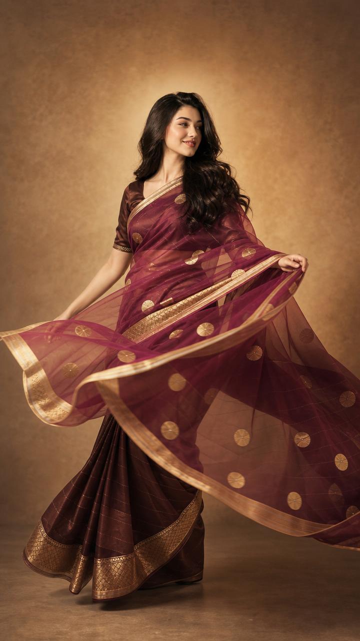 Vintage Wine Tissue Silk Saree With Antique Gold Zari