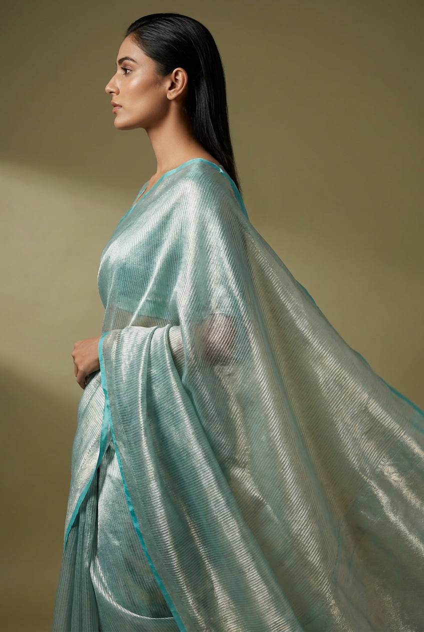 Celeste Silver Tissue Saree With Aqua Border