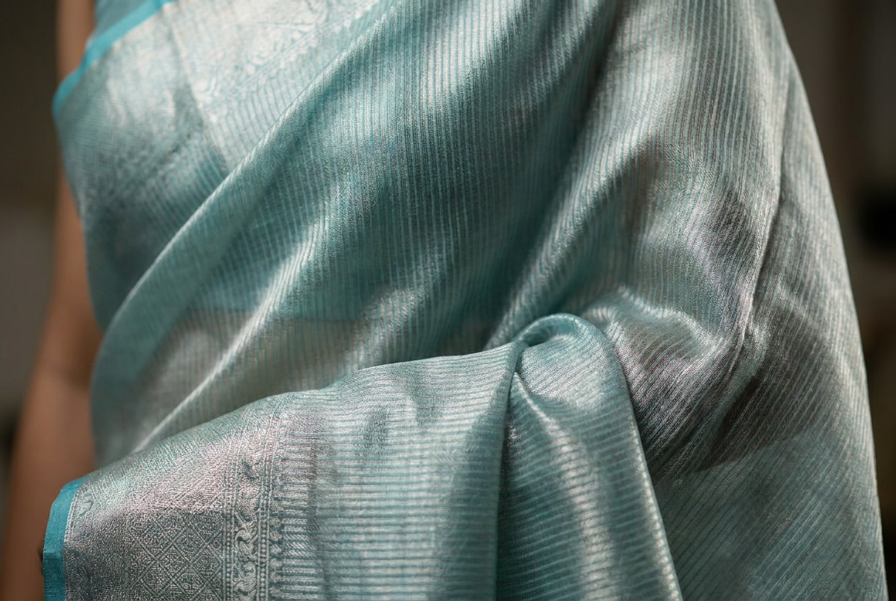 Celeste Silver Tissue Saree With Aqua Border