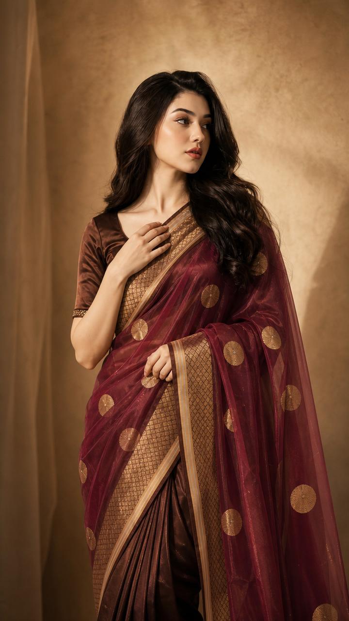 Vintage Wine Tissue Silk Saree With Antique Gold Zari