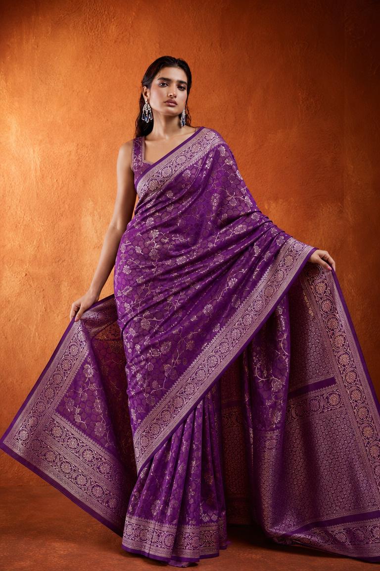 Rang Mahal Banarasi Silk Saree With Floral Zari Border