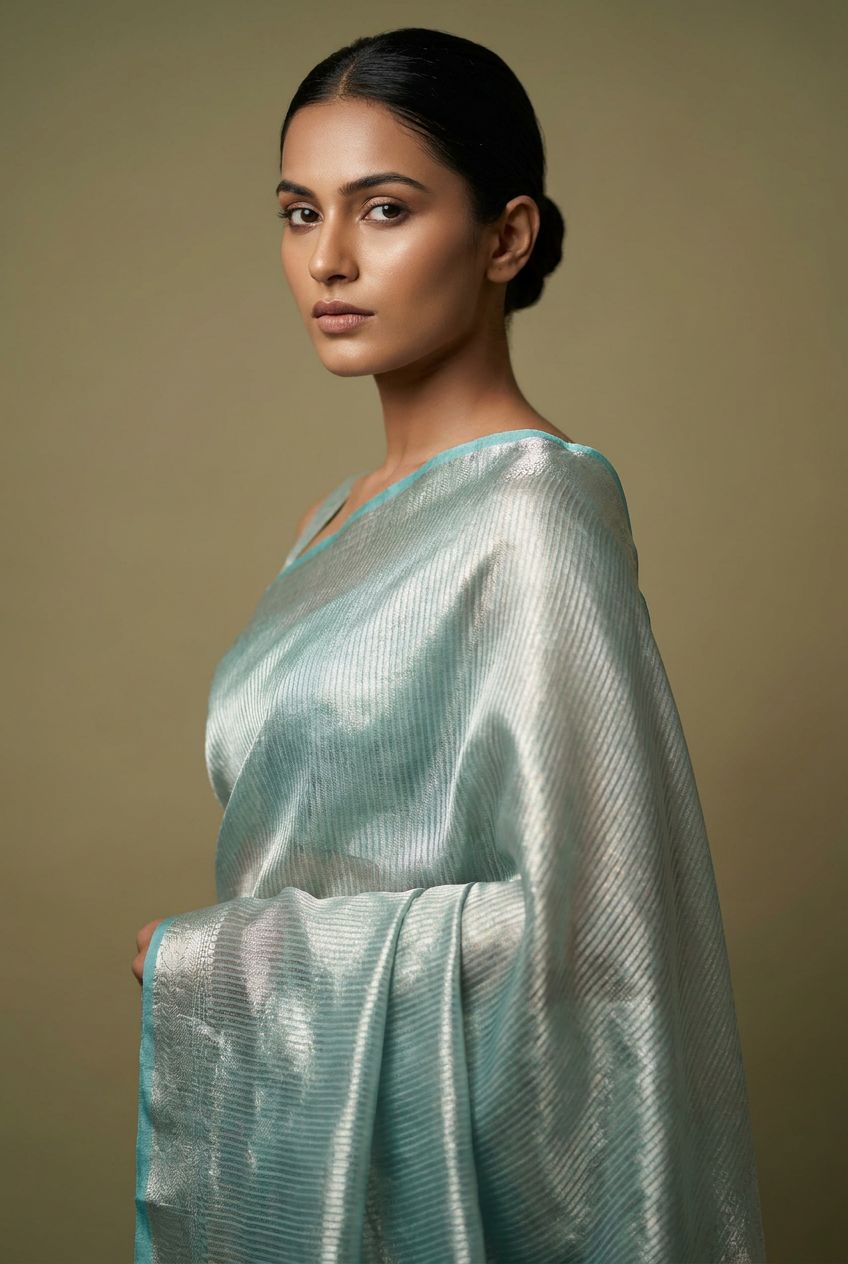 Celeste Silver Tissue Saree With Aqua Border