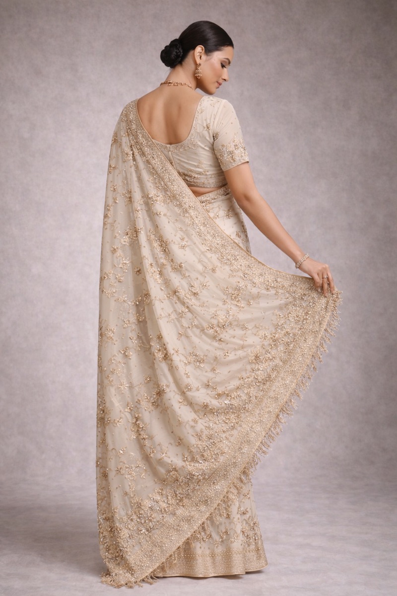 Ivory Regal Banarasi Pure Silk Saree With Handwoven Gold Zari