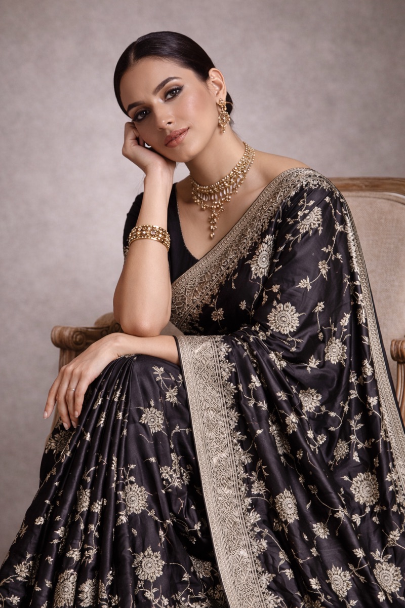 Onyx Heritage Banarasi Pure Silk Saree With Delicate Silver Zari