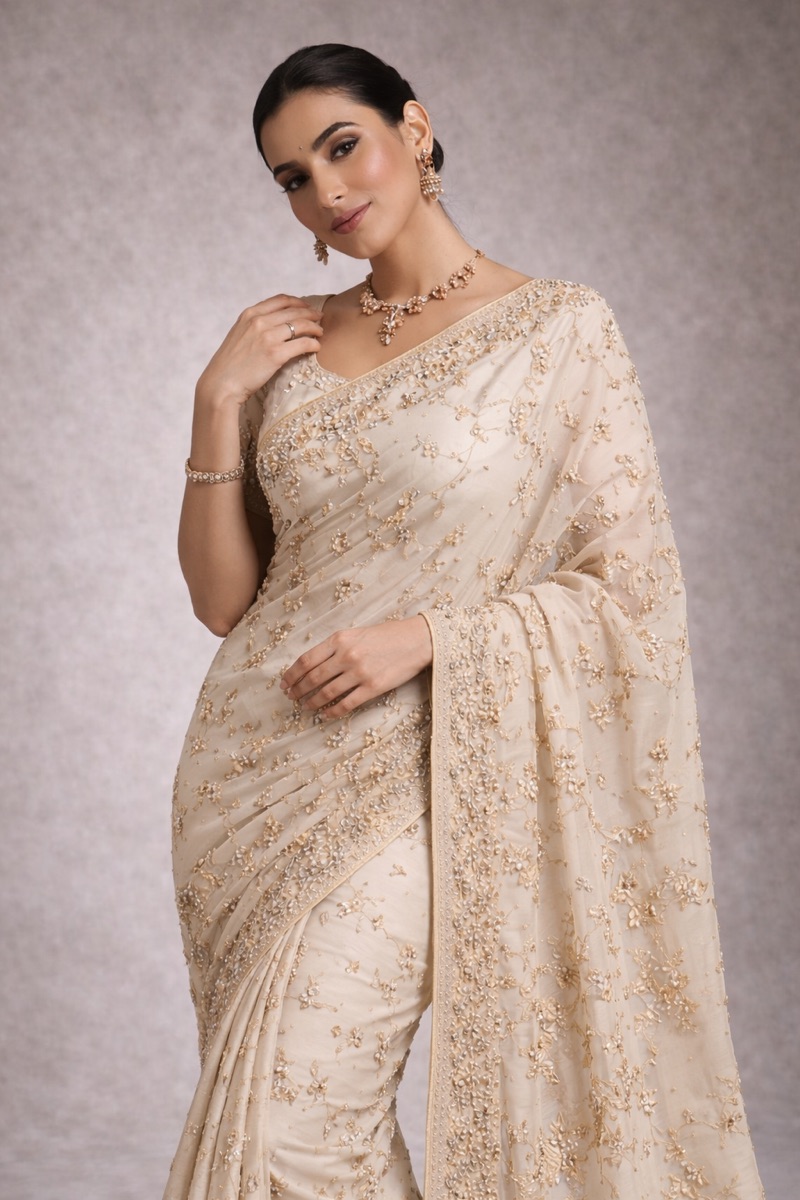 Ivory Regal Banarasi Pure Silk Saree With Handwoven Gold Zari