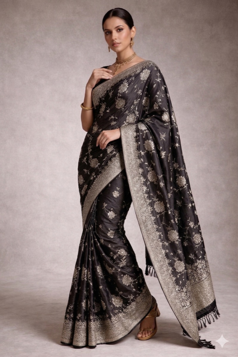Onyx Heritage Banarasi Pure Silk Saree With Delicate Silver Zari