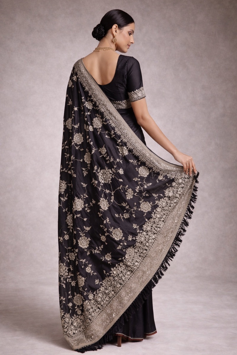 Onyx Heritage Banarasi Pure Silk Saree With Delicate Silver Zari