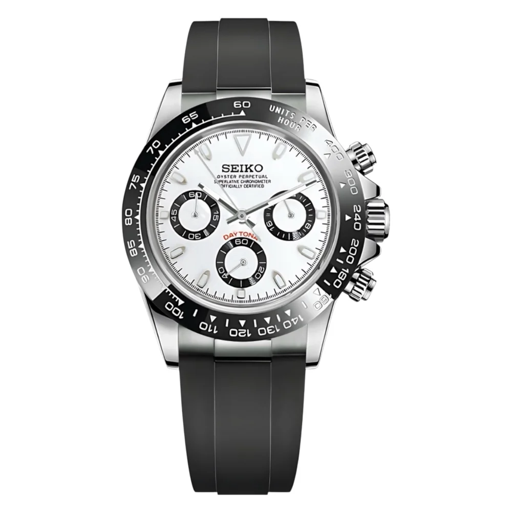 Seiko Mod Daytona Lunette CéRamique Cadran Blanc "Panda" Oyster Flex