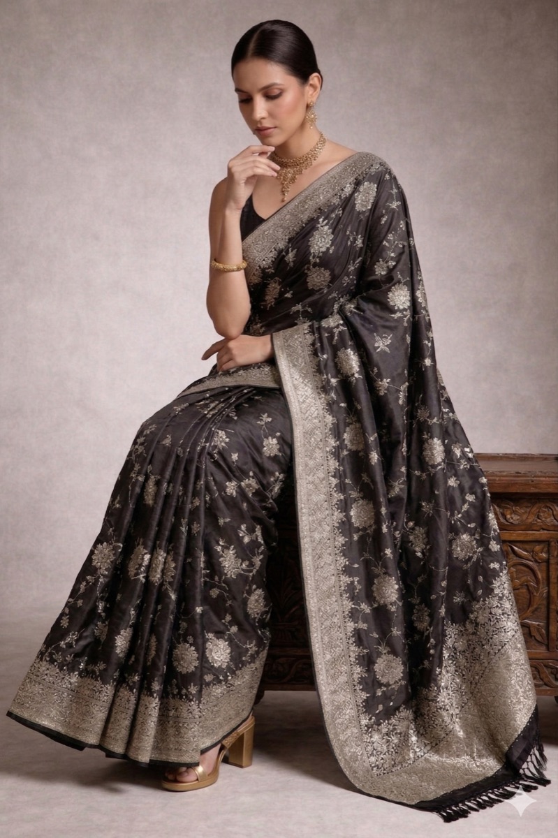 Onyx Heritage Banarasi Pure Silk Saree With Delicate Silver Zari