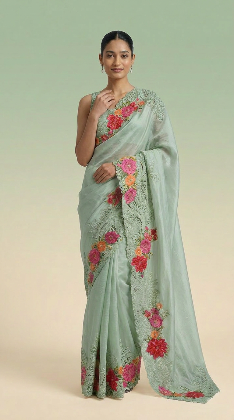 Ivory Blossom Pure Silk Saree With Floral Embroidered Lacework