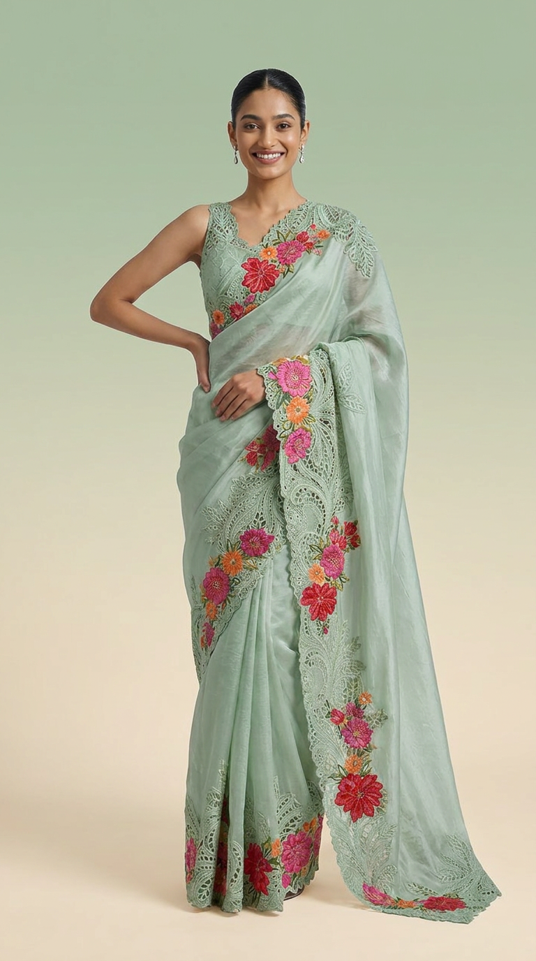 Ivory Blossom Pure Silk Saree With Floral Embroidered Lacework