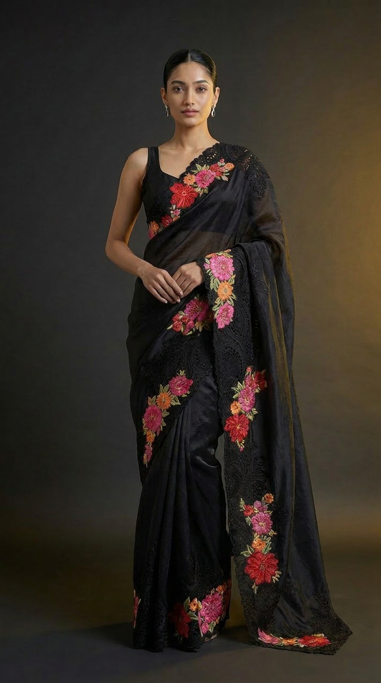 Midnight Bloom Pure Silk Saree With Floral Thread Embroidery