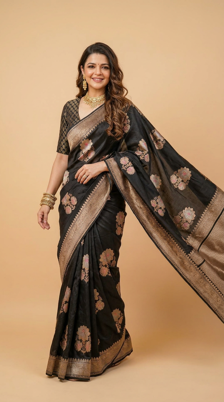 Noir Heritage Banarasi Silk Saree With Antique Gold Zari