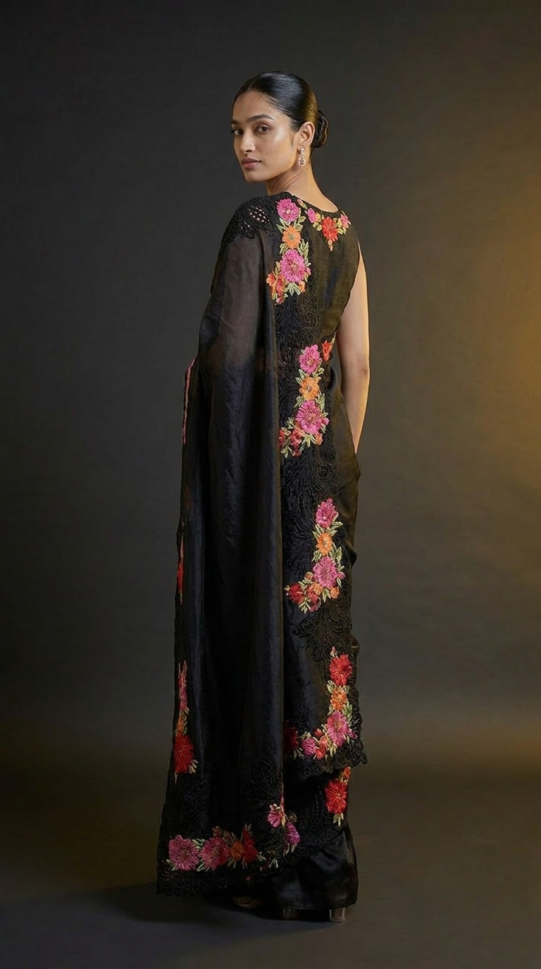 Midnight Bloom Pure Silk Saree With Floral Thread Embroidery