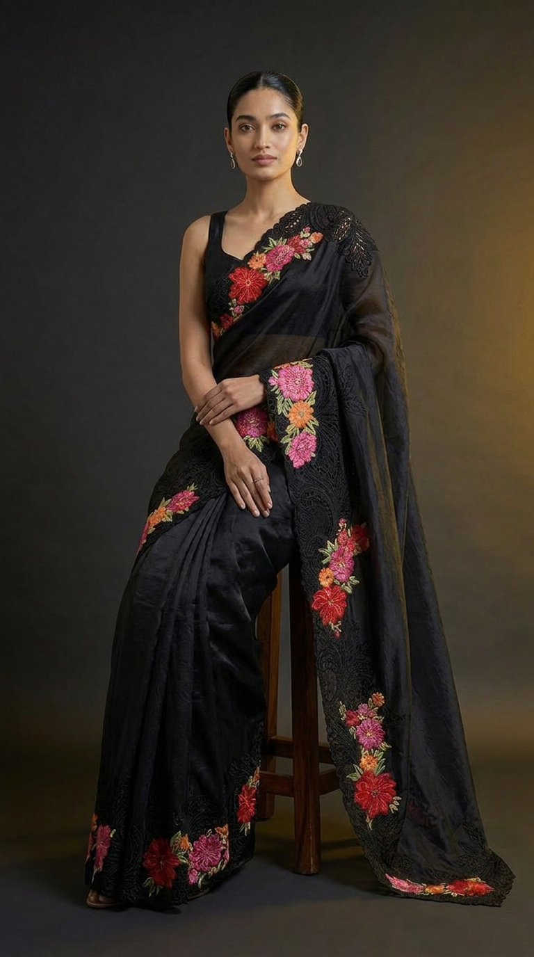 Midnight Bloom Pure Silk Saree With Floral Thread Embroidery