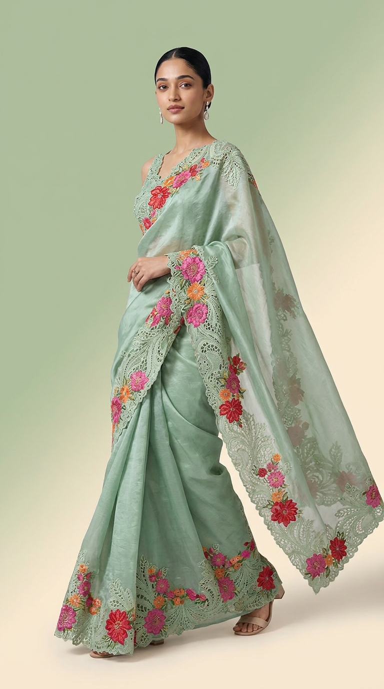 Ivory Blossom Pure Silk Saree With Floral Embroidered Lacework