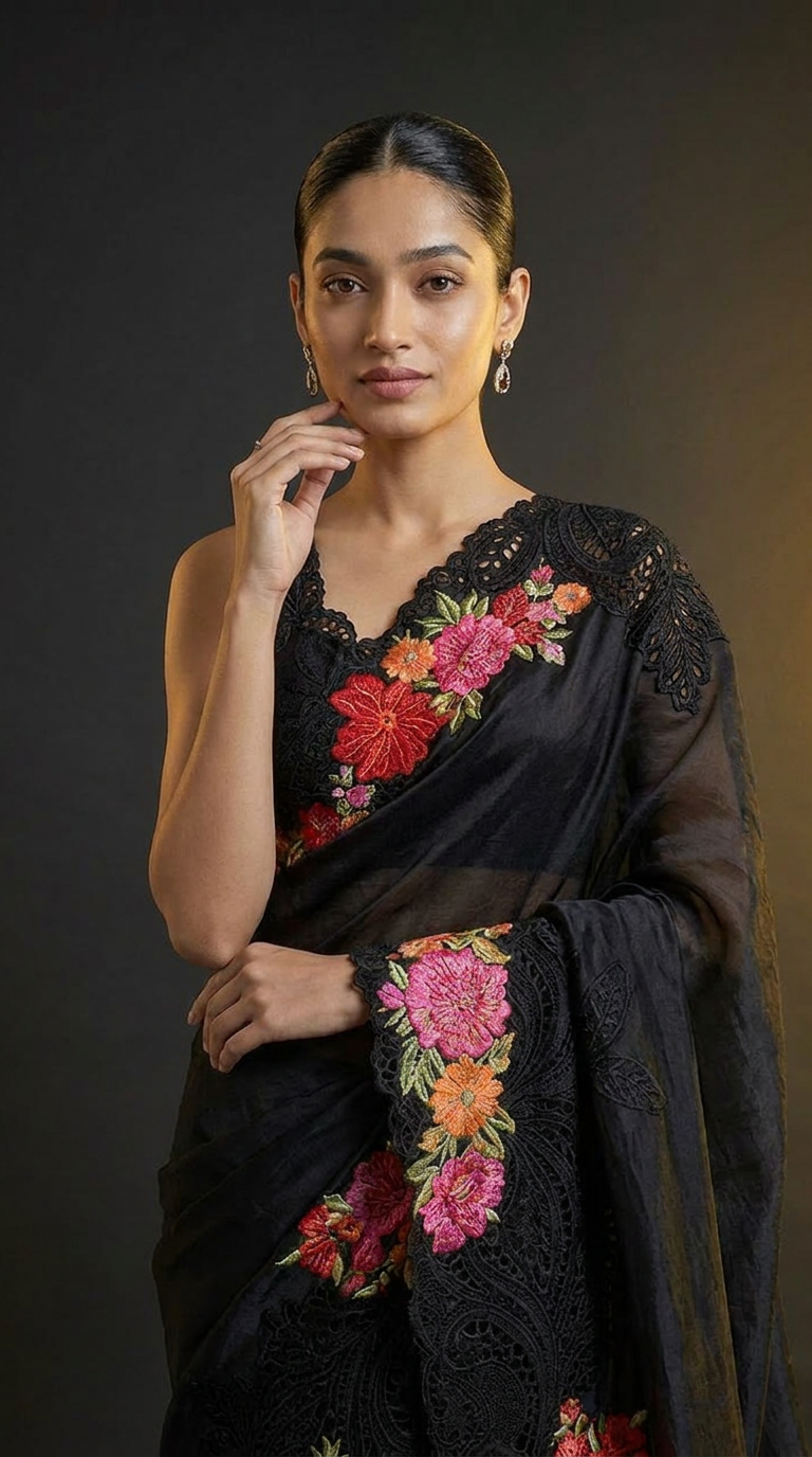 Midnight Bloom Pure Silk Saree With Floral Thread Embroidery