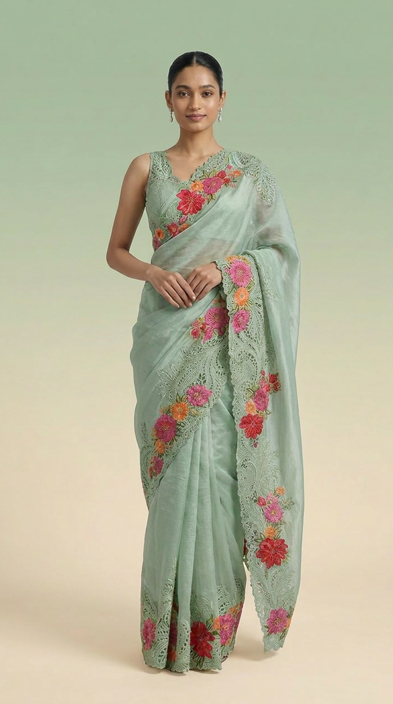 Ivory Blossom Pure Silk Saree With Floral Embroidered Lacework