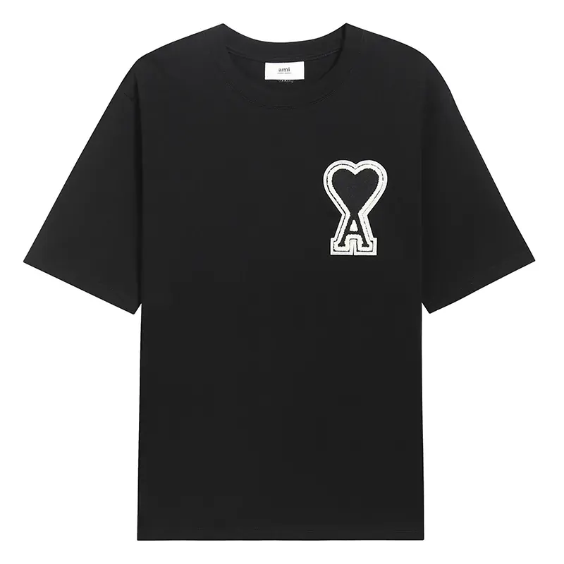 Ami Paris Pure Cotton Heart Embroidered Couple Unisex Black T-Shirt