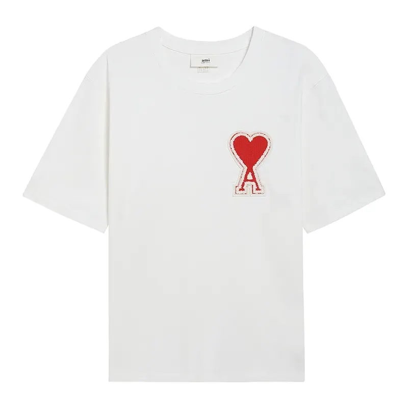 Ami Paris Pure Cotton RED Heart Embroidered Couple Unisex White T-Shirt