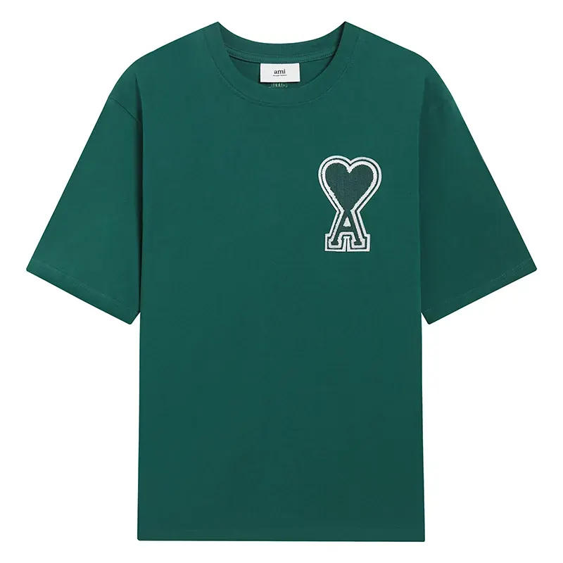 Ami Paris Pure Cotton Heart Embroidered Couple Unisex Green T-Shirt