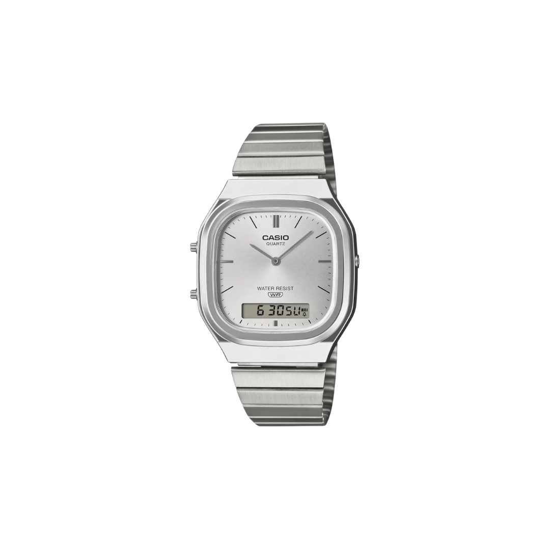 Casio Vintage Aq-240e-7a Silver Dial Analog Digital Stainless Steel Watch With Dual Time