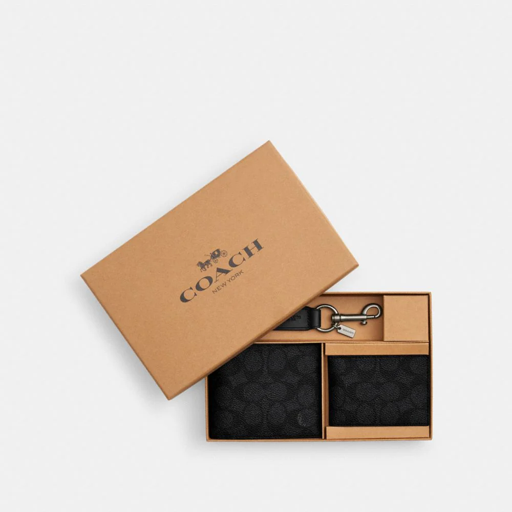 Coach Boxed 3 In 1 Wallet Gift Set In Signature Canvas Gunmetal Charcoal Black