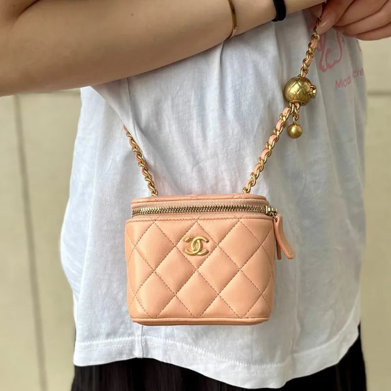 C588 - Chanel Pink Lambskin Mini Vanity Case Bag (Gold Ball) Price