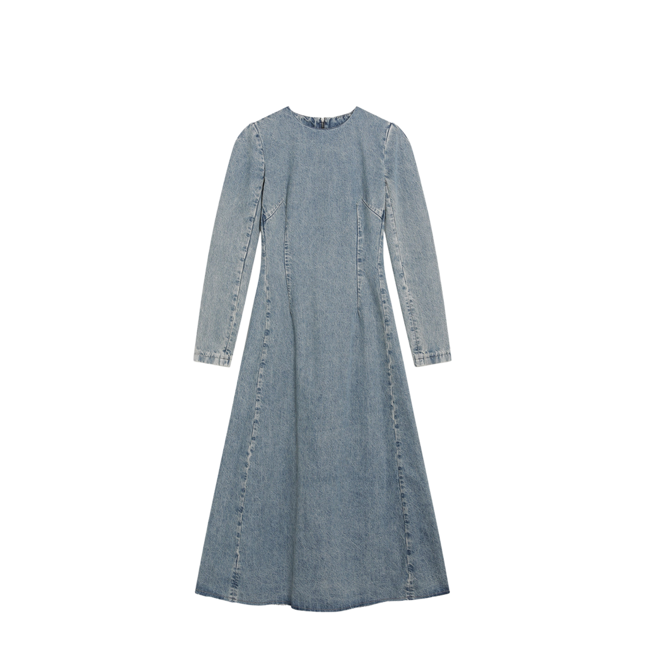 Cup-shoulder denim midi dress in ice blue