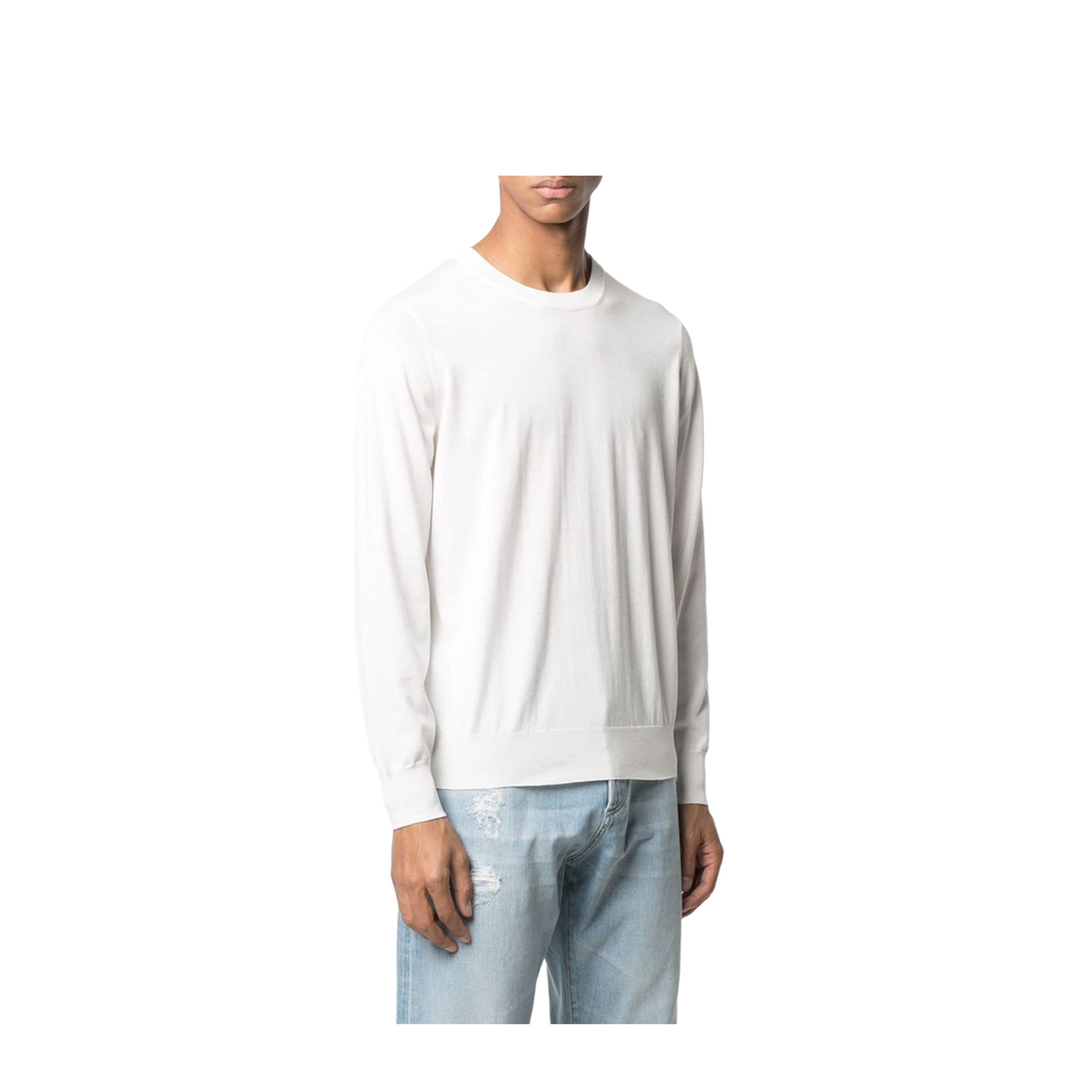 Men's Long Sleeves Cotton Crewneck - White