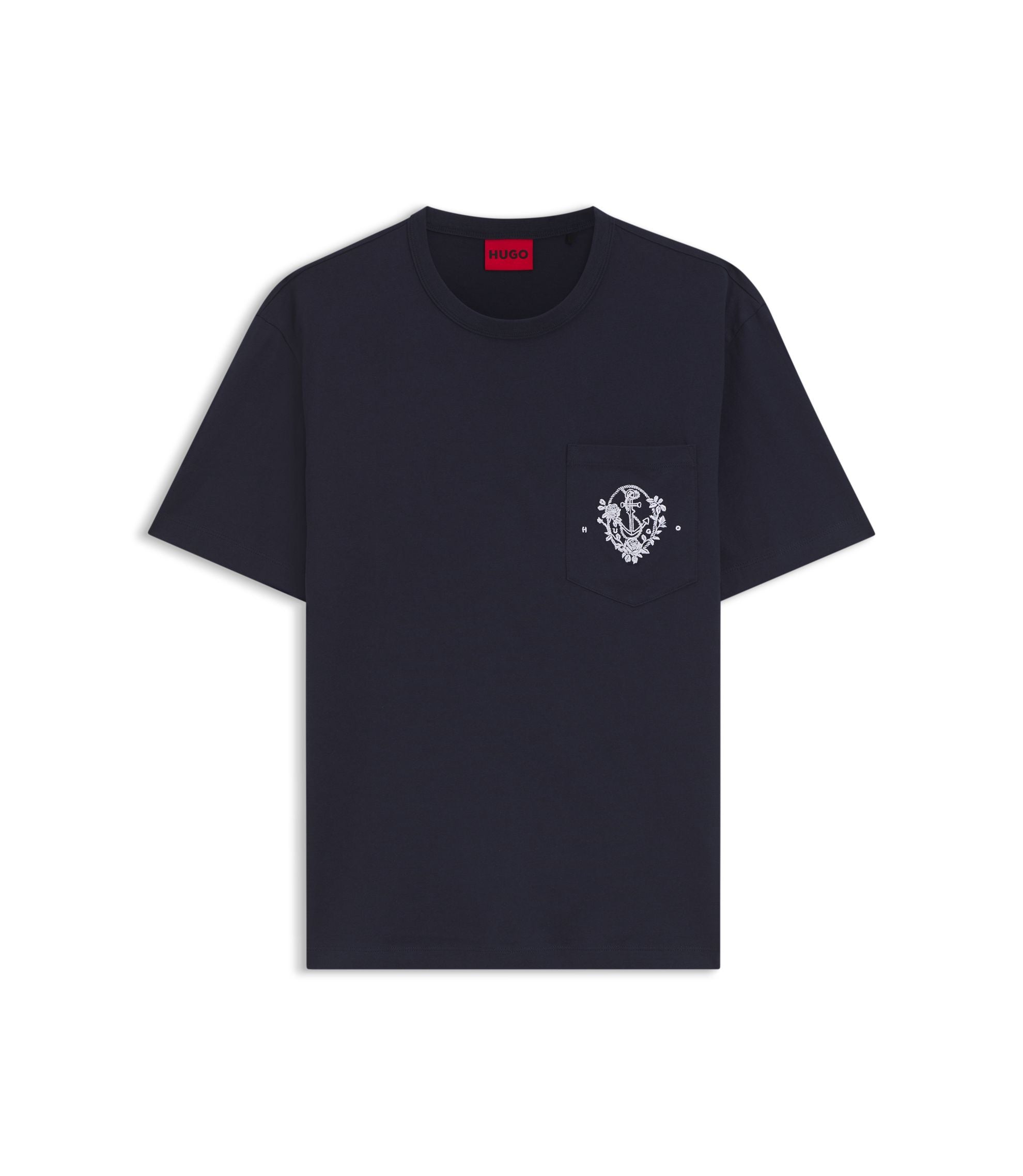 Hugo Relaxed Fit Cotton T Shirt With Anchor Pocket Print Dark Blue