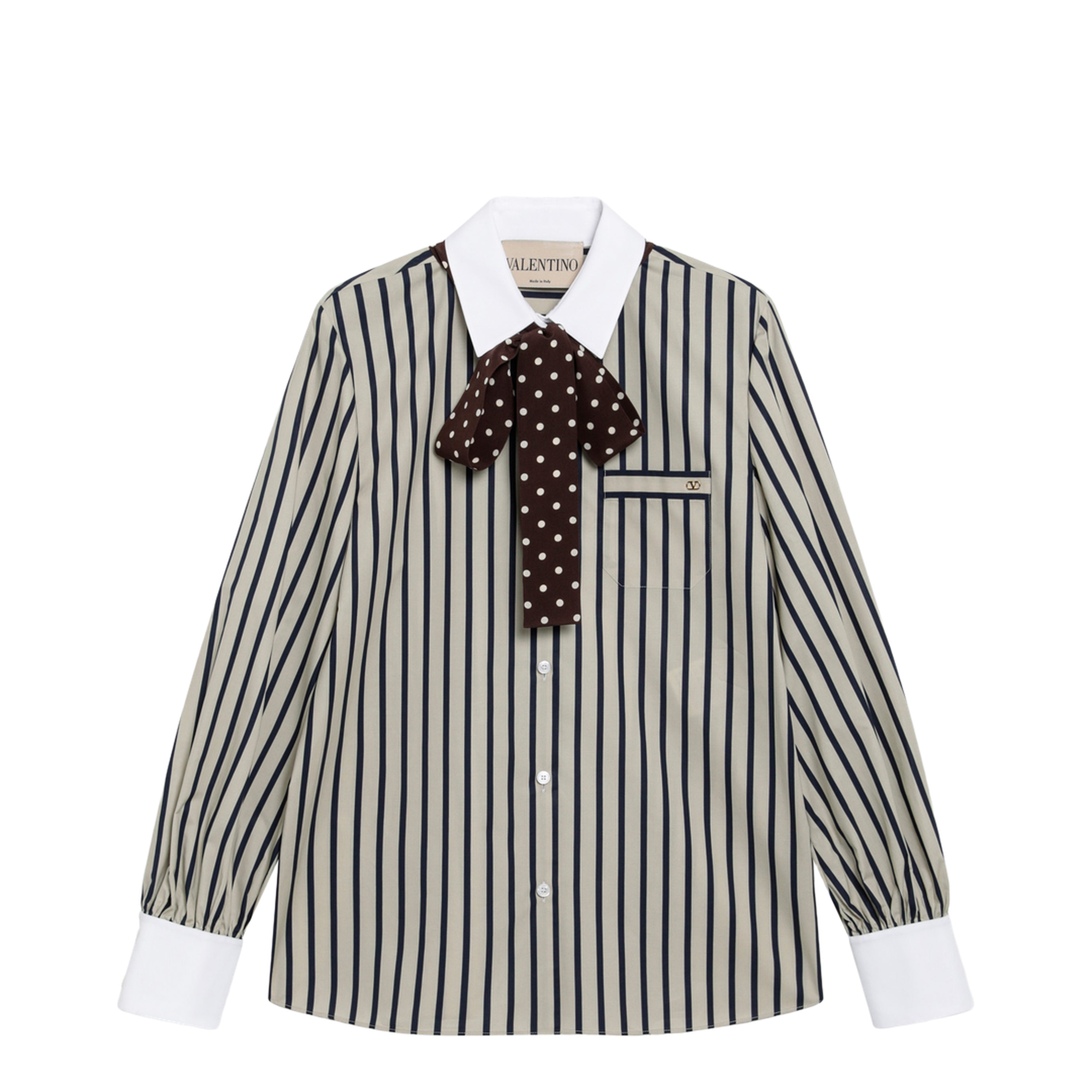 Striped Cotton Shirt With Scarf In Beige And Blue