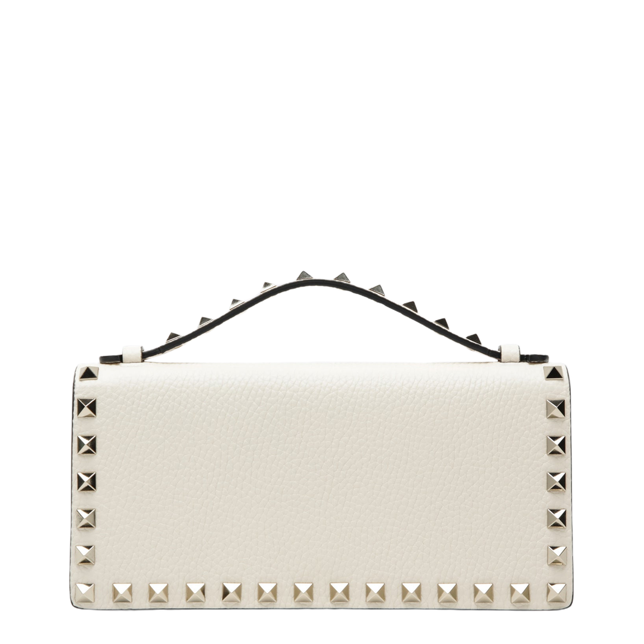 Rockstud Grainy Calfskin Wallet On Chain - Light Ivory