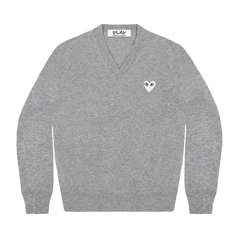 Comme des Garçons PLAY White Heart V-Neck Sweater Light Grey