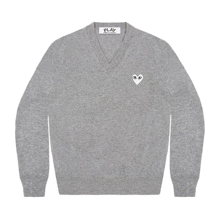 Comme des Garçons PLAY White Heart V-Neck Sweater Light Grey